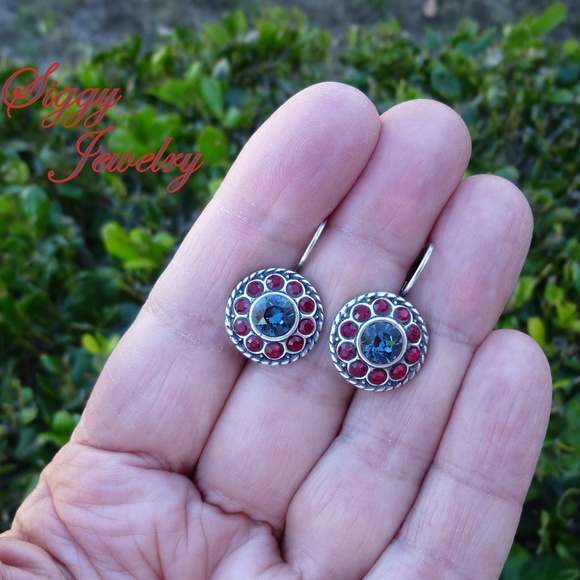 Swarovski Crystal Flower Earrings in Montana and Siam Red Antique Silver Finish - Picture 5 of 6